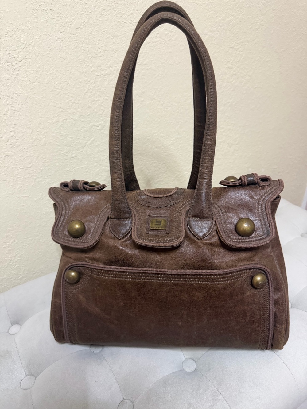 Vintage Sisley Y2K Oversized Brown Studded Shoulder Bag Satchel